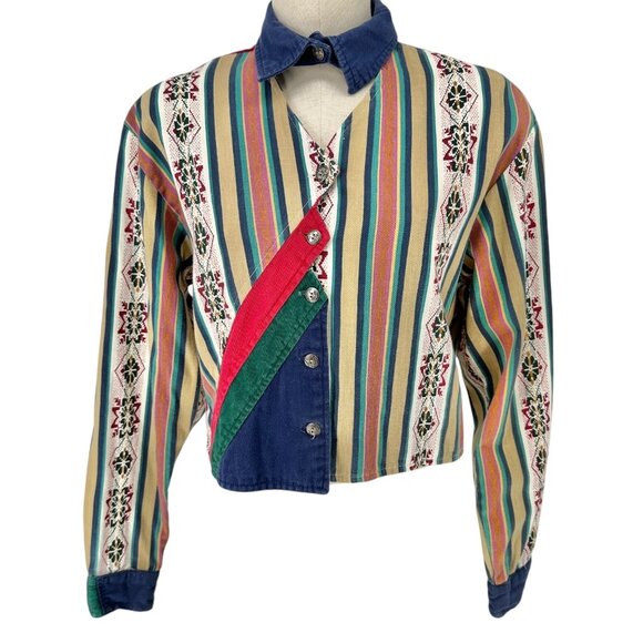 Vtg Sugar Ranch Western Shirt Womens L Multicolor Striped Color Block LS Buttons - Picture 1 of 13